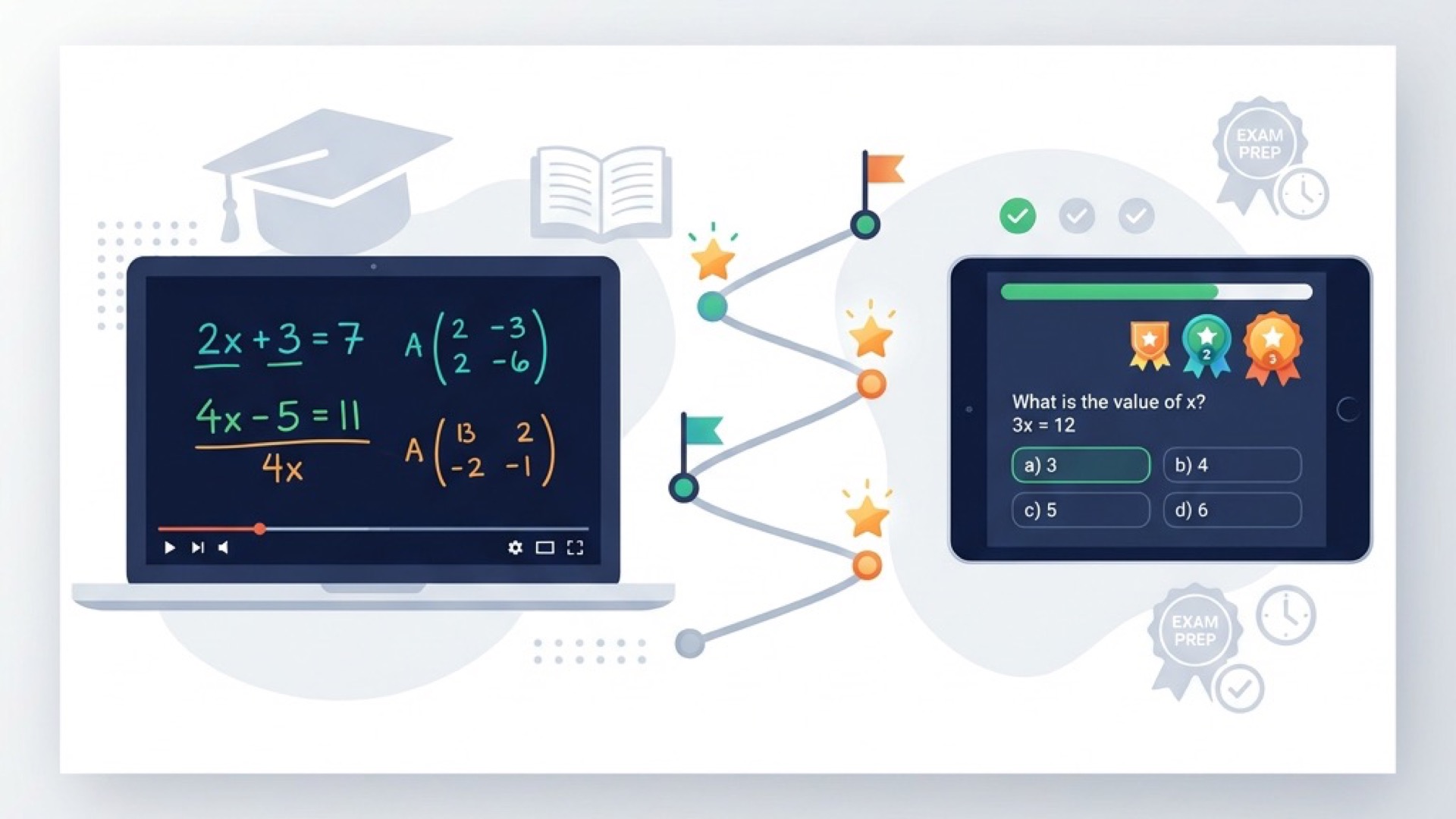 Khan Academy math learning platform showing algebra video tutorial on laptop with mastery-based practice problems, progress tracking path, and SAT AP exam prep badges