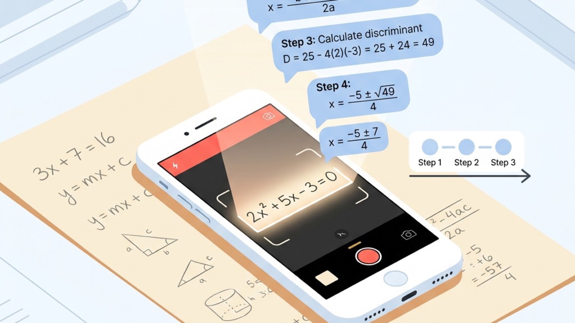 Smartphone camera scanning a handwritten quadratic equation on paper with step-by-step solution bubbles showing coefficient identification, quadratic formula substitution, and final answer