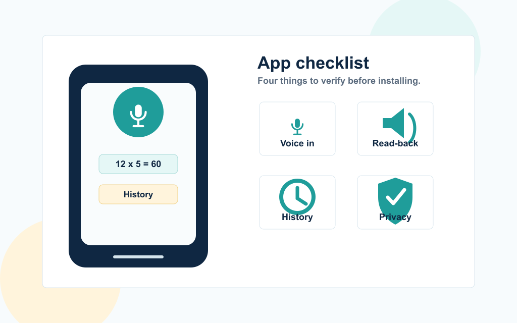 A minimal app checklist visual showing four voice calculator app criteria: voice in, read-back, history, and privacy.