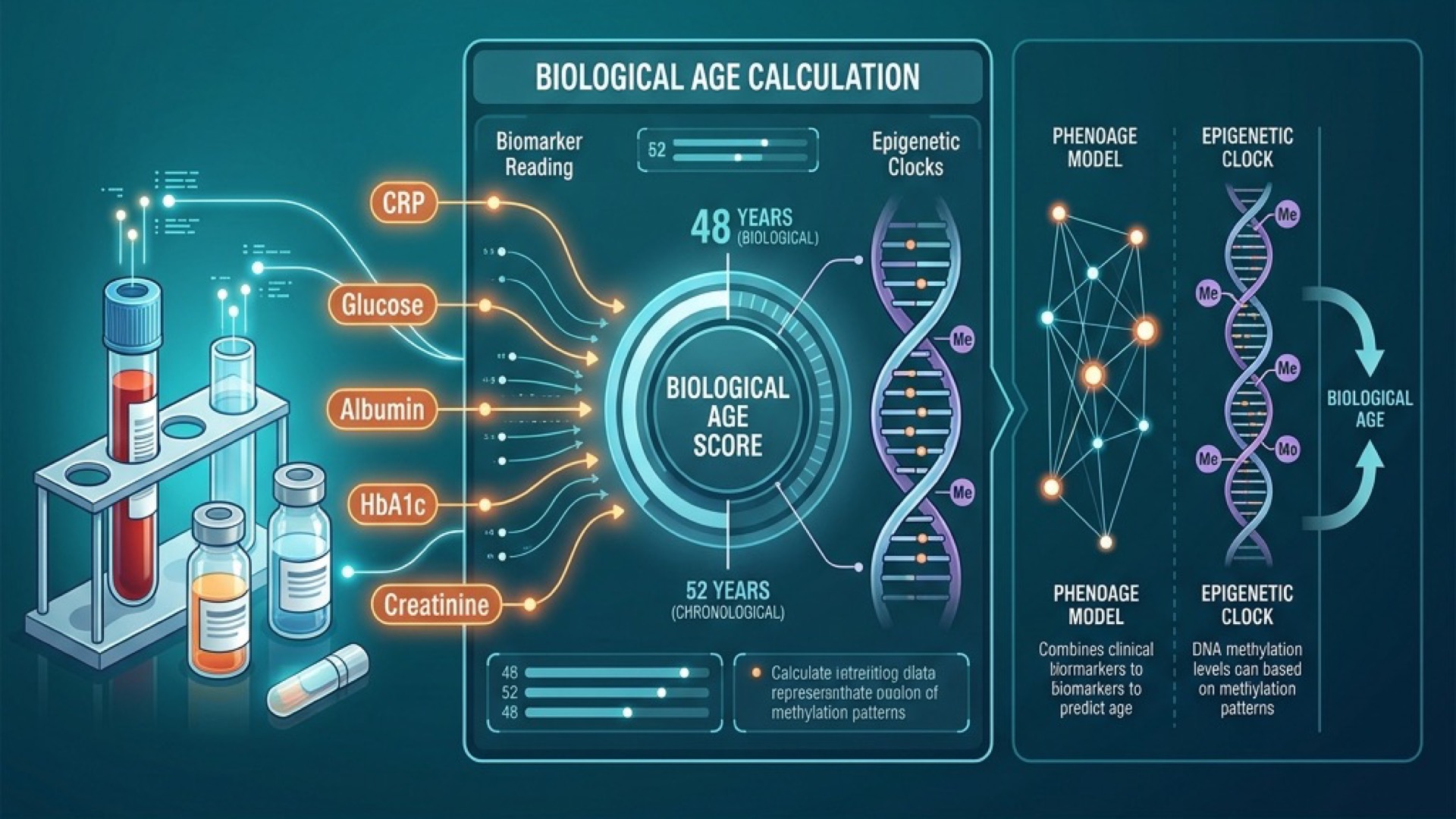 Biological age calculation infographic showing blood biomarkers like CRP, glucose, albumin, and HbA1c flowing into a central biological age score dial, with PhenoAge model and epigenetic clock DNA methylation comparison panels