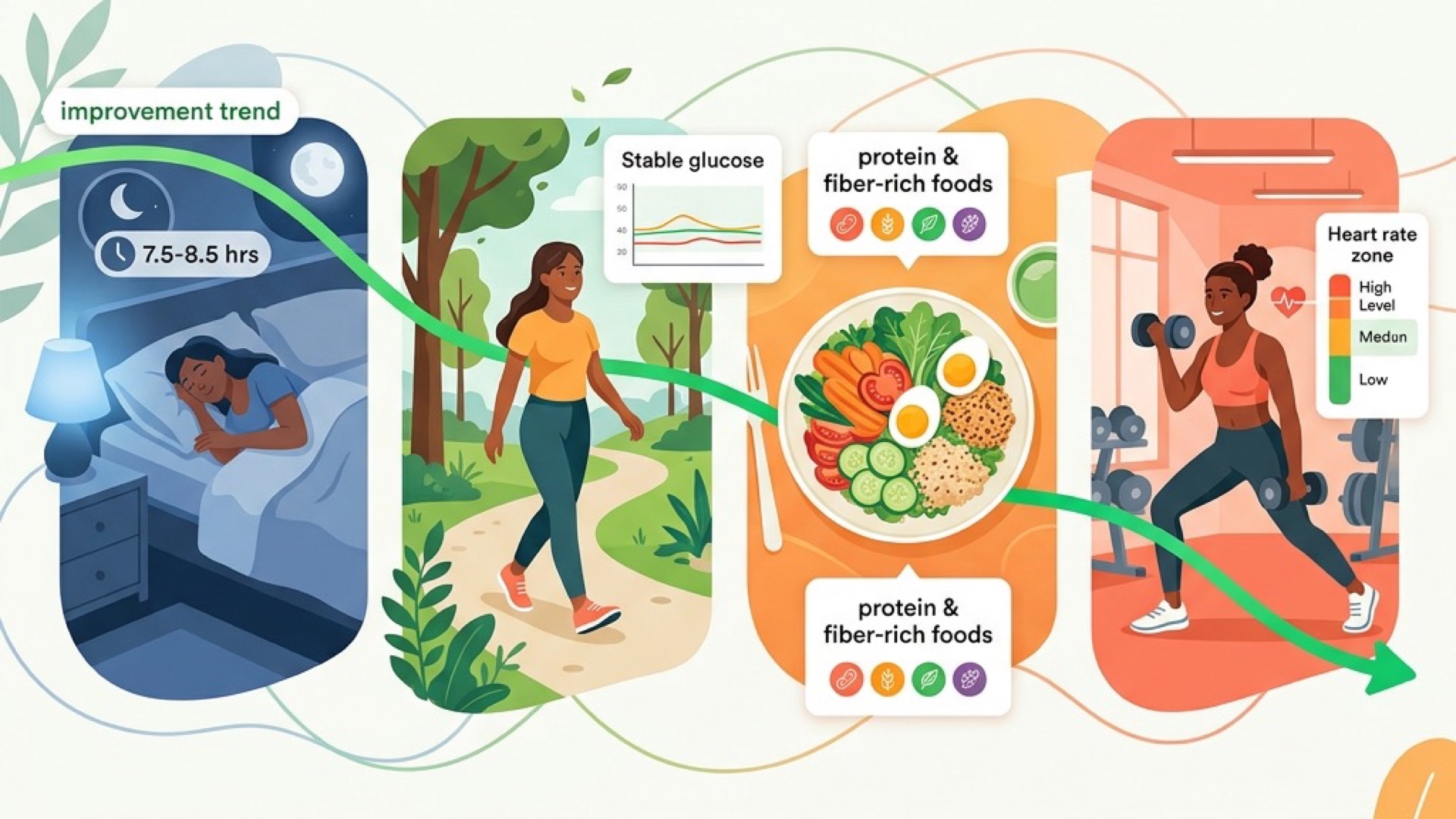 Four connected lifestyle habits to lower biological age: sleeping 7.5 to 8.5 hours with calming blue glow, post-meal walking with stable glucose graph, protein and fiber-rich meal plate, and resistance training with heart rate zone indicator, linked by a green improvement trend line