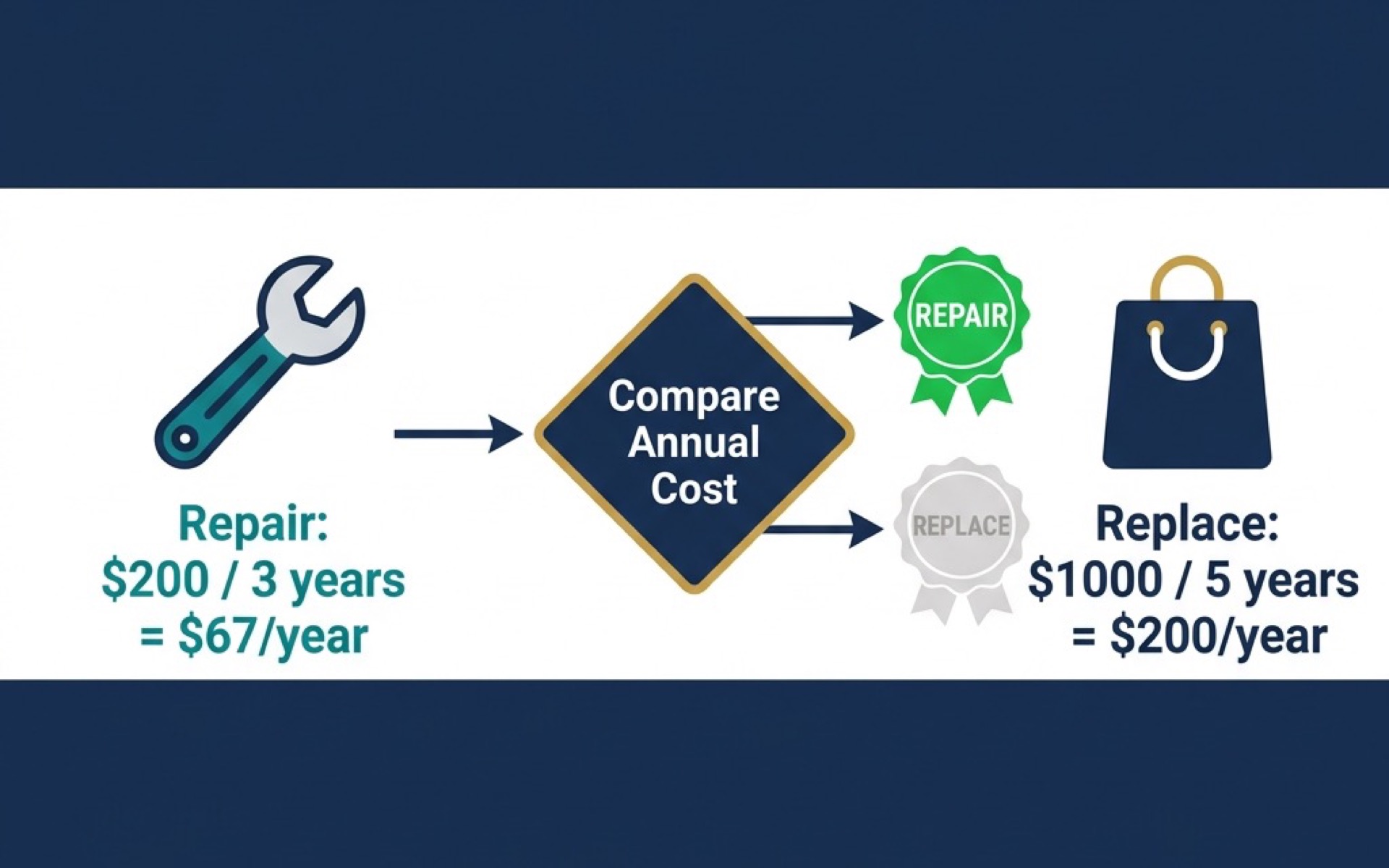 Repair vs replace decision flowchart showing repair option at $200 for 3 years equaling $67 per year and replace option at $1000 for 5 years equaling $200 per year flowing into a compare annual cost decision node with green repair badge winning over dimmed replace badge