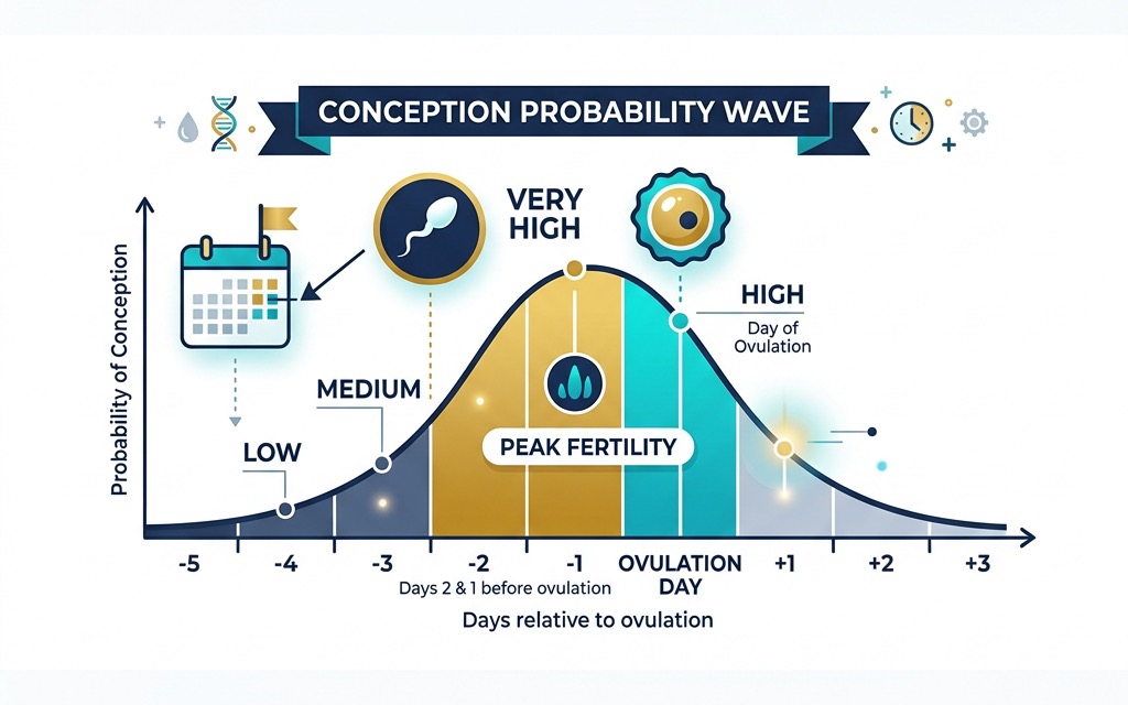 A 'Conception Probability Wave' graph showing the highest chance of pregnancy during the 2 to 3 days leading up to ovulation.