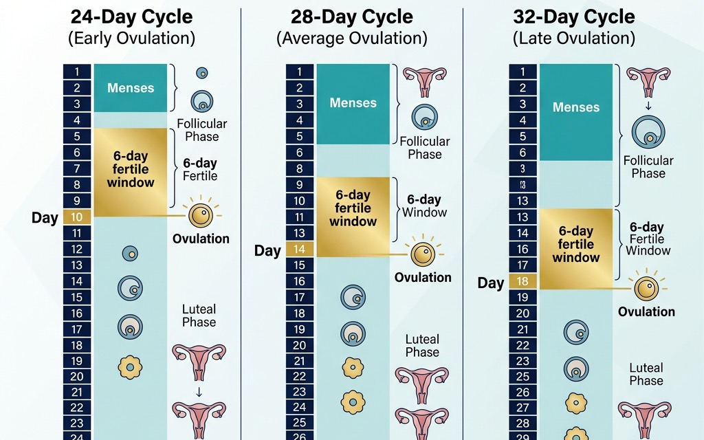 A comparison diagram showing how different cycle lengths (24, 28, 32 days) shift the predicted ovulation day and the surrounding fertile window.