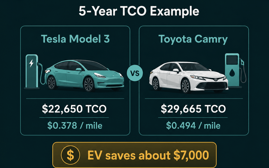 Side-by-side infographic comparing a Tesla Model 3 and Toyota Camry 5-year total cost of ownership, showing $22,650 versus $29,665 and about $7,000 in EV savings.