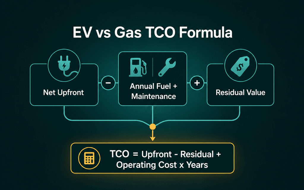 Infographic showing the EV vs gas total cost of ownership formula built from net upfront cost, annual fuel and maintenance, residual value, and ownership years.