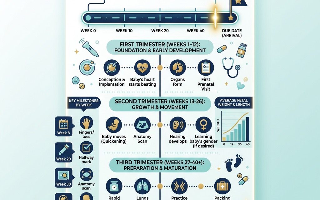 A 'Pregnancy Progress vs Deadline' infographic showing gestational age as a progress bar and the due date as an arrival flag on a timeline.
