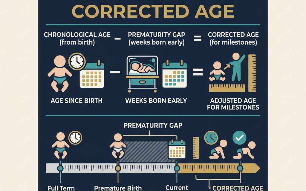 A 'How to Calculate Corrected Age' infographic showing the formula: Chronological Age minus Prematurity Gap equals Corrected Age.