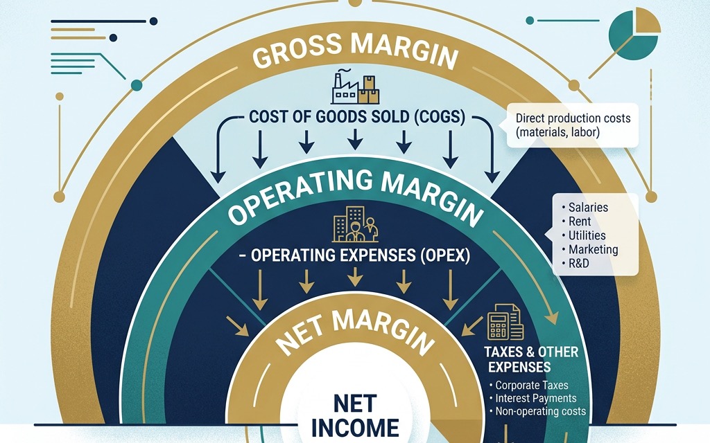 A professional diagram showing the hierarchy of Gross, Operating, and Net margins, illustrating how each layer of costs reduces profitability.