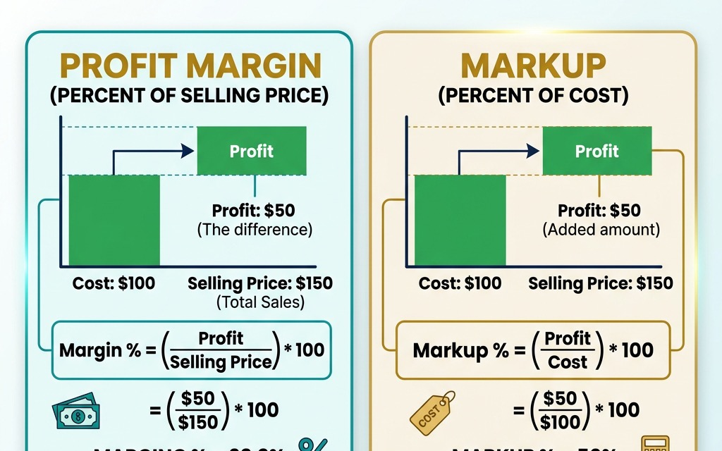 A side-by-side comparison diagram showing the same $50 profit on a $100 cost, illustrating how it results in a 33.3% margin versus a 50% markup.