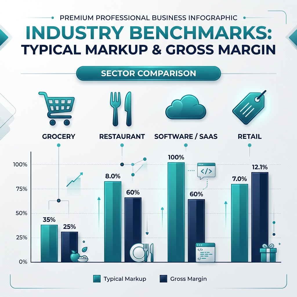 Infographic showing typical markup and gross margin benchmarks for various industries like Grocery, Restaurant, Software/SaaS, and Retail.