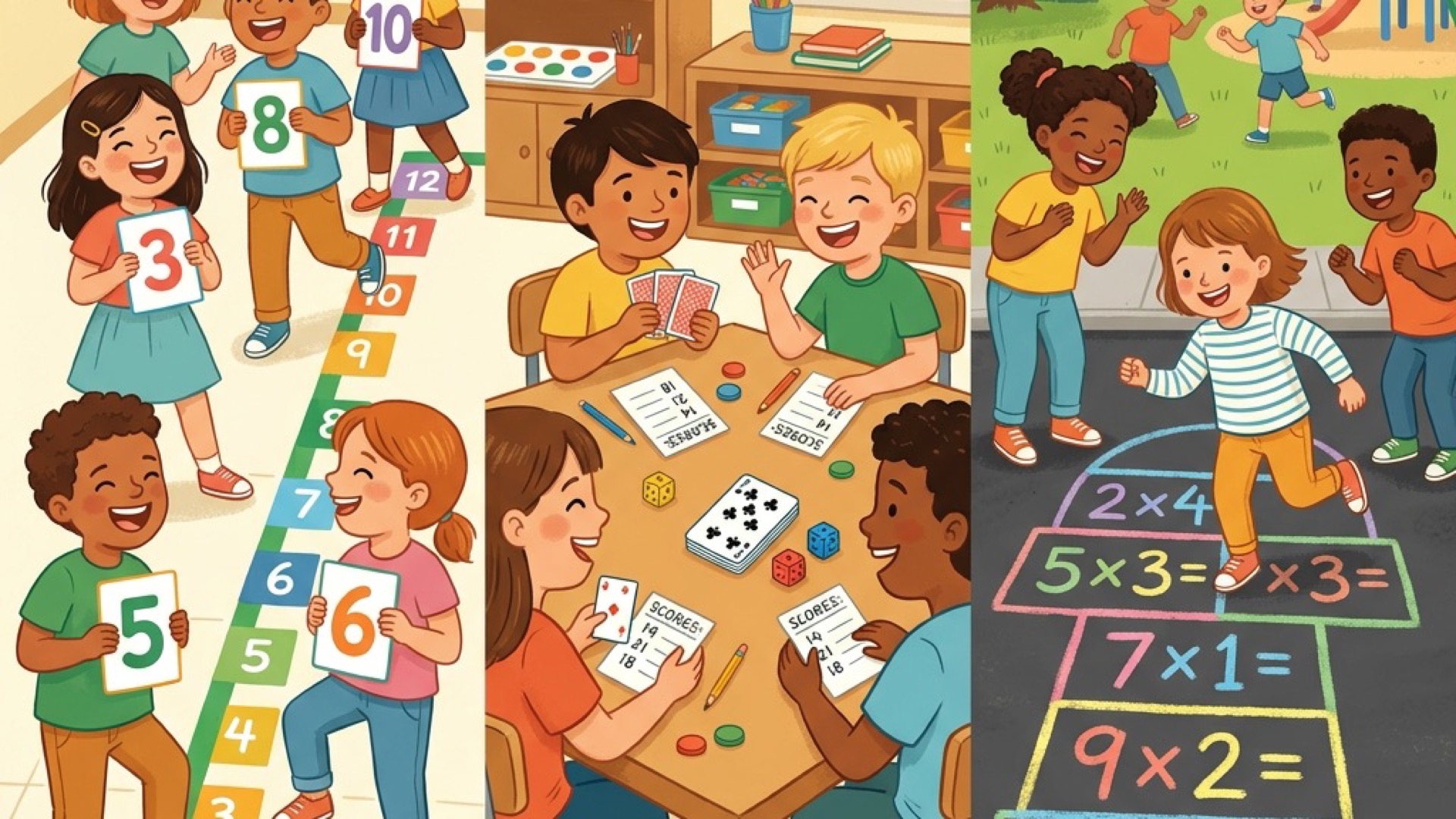 Three screen-free classroom math activities: children arranging themselves on a floor number line with cards, kids playing a card and dice math game at a table, and students doing chalk multiplication hopscotch on a playground