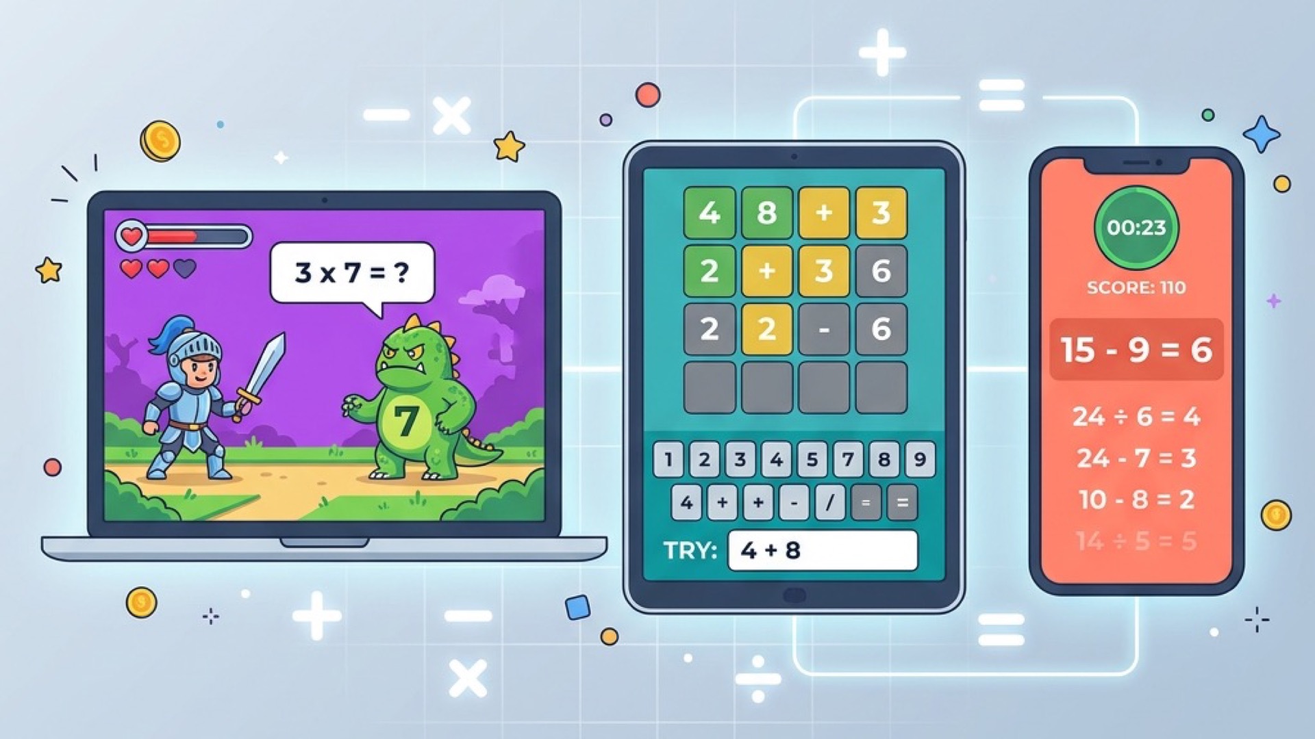 Three digital math game platforms showing an RPG quest with a knight battling a math monster on laptop, a Nerdle-style number puzzle on tablet, and a timed arithmetic speed drill on smartphone