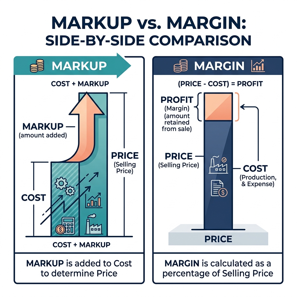 Side-by-side comparison diagram of Markup vs Margin, showing Markup as an addition to cost and Margin as a percentage of the selling price.