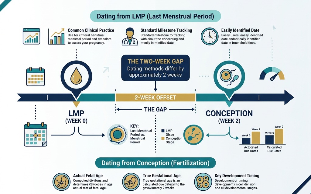 A 'Pregnancy Dating Gap' diagram explaining the two-week offset between LMP (Week 0) and Conception (Week 2).