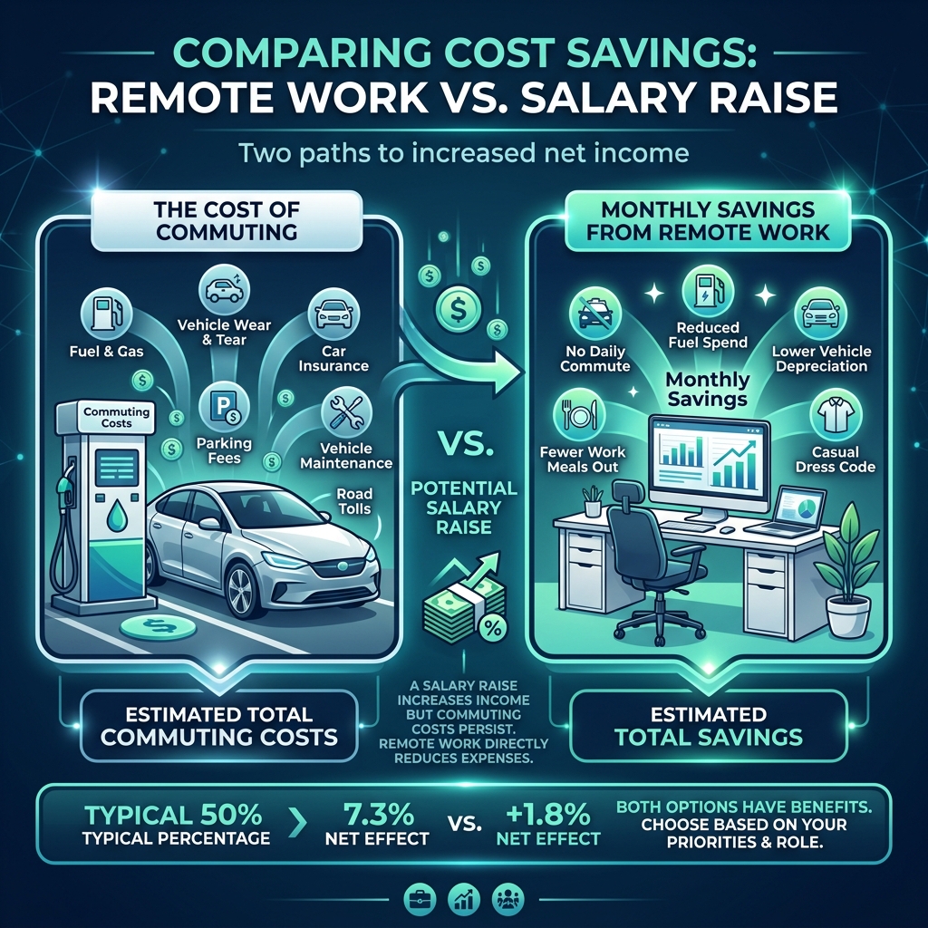 Business infographic comparing the cost savings of Remote Work (fuel, parking, time) versus a traditional Salary Raise.