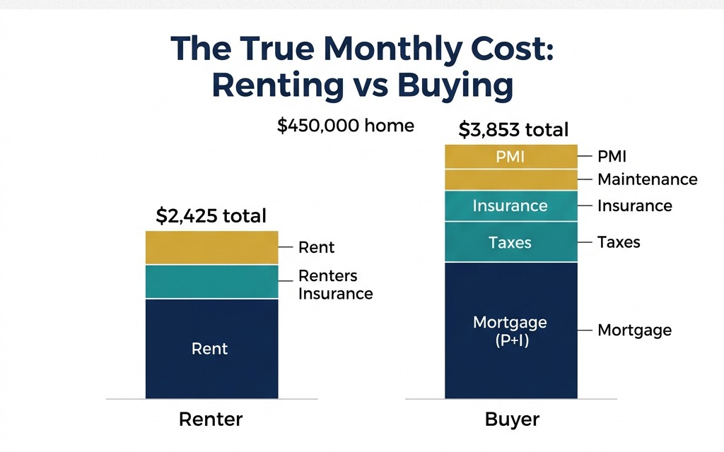 A professional side-by-side bar chart comparison for a $450,000 home. Left bar shows Renter costs ($2,425 total), while the Right bar shows Buyer costs ($3,853 total), with segments for mortgage, taxes, insurance, maintenance, and PMI.