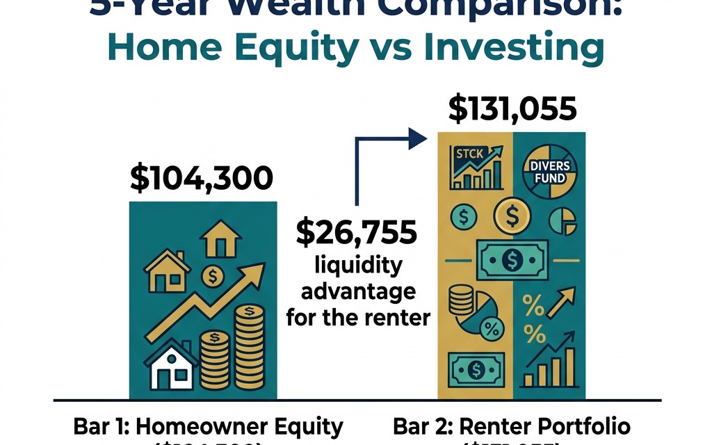 A professional financial diagram comparing 5-year wealth accumulation. Bar 1: Homeowner Equity ($104,300). Bar 2: Renter Invested Portfolio ($131,055), highlighting the $26,755 liquidity advantage for the renter who invests their savings.
