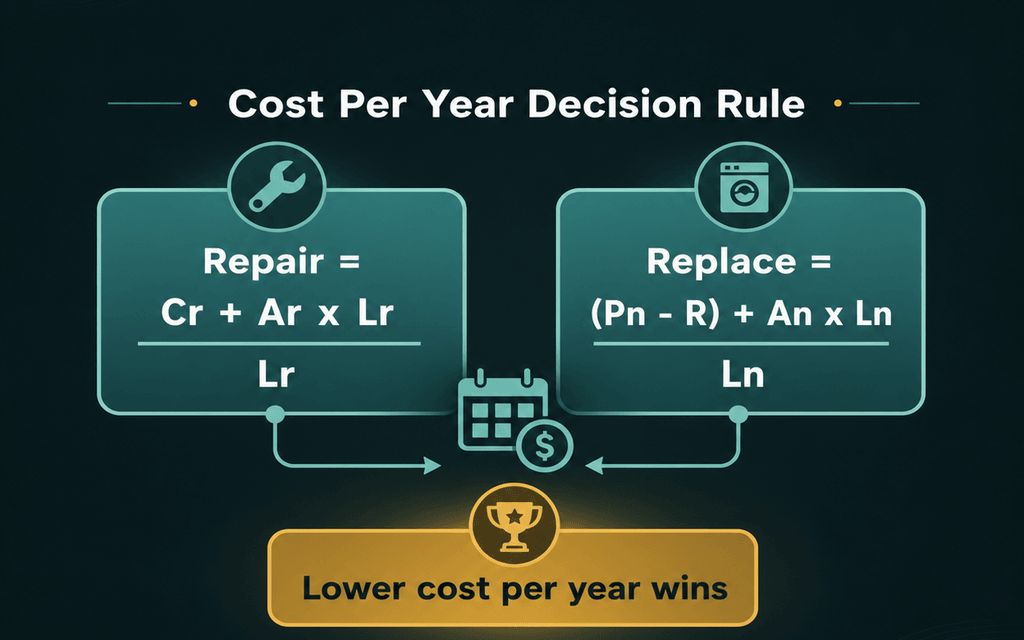 Infographic comparing the repair cost per year formula against the replace cost per year formula, ending with the rule that the lower annual cost wins.