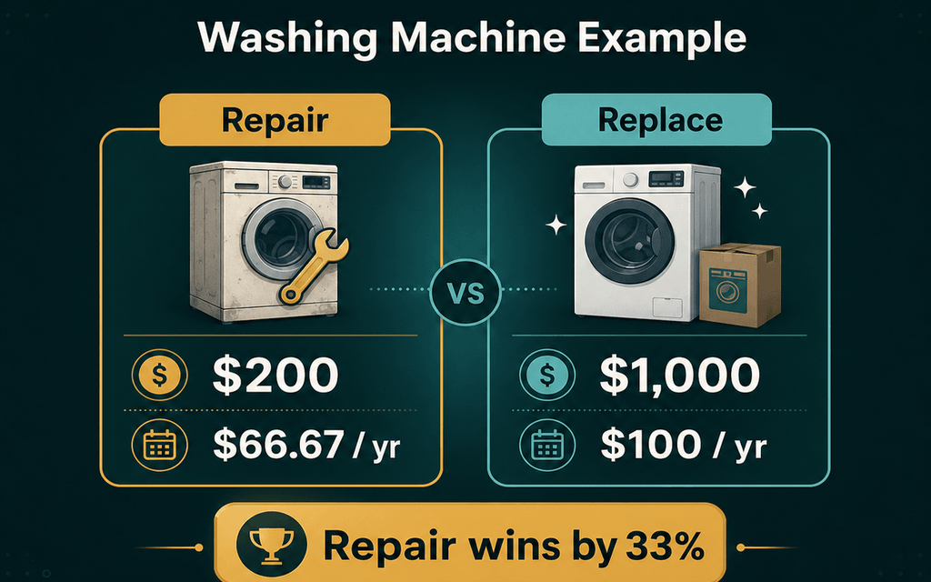 Side-by-side washing machine repair versus replace example showing a $200 repair at $66.67 per year compared with a $1,000 replacement at $100 per year, with repair winning by 33 percent.