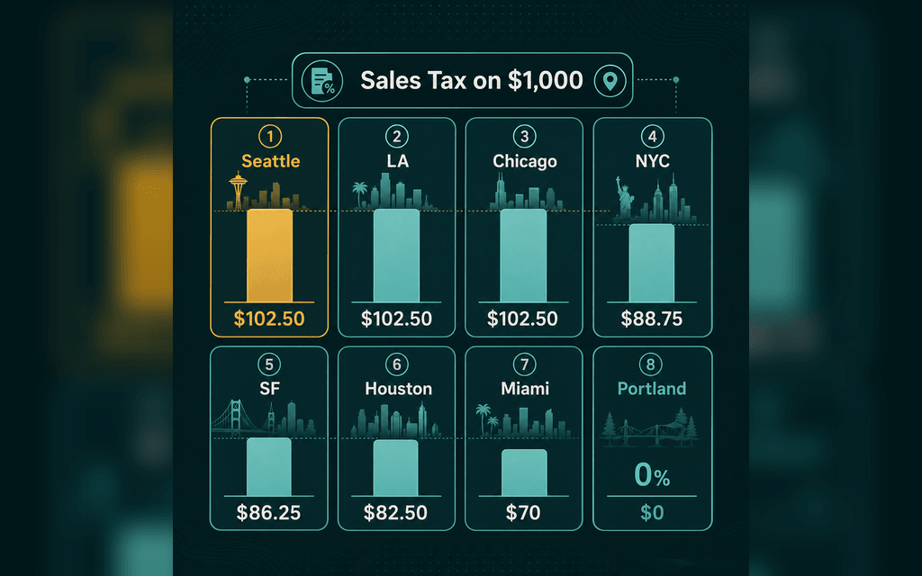 Infographic comparing sales tax on a $1,000 purchase across Seattle, Los Angeles, Chicago, New York City, San Francisco, Houston, Miami, and Portland.