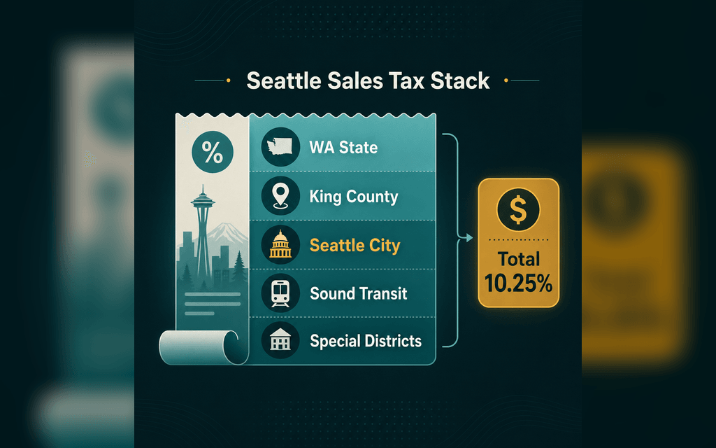 Infographic showing the Seattle sales tax stack made from Washington state, King County, Seattle city, Sound Transit, and special district layers adding up to a 10.25 percent total.