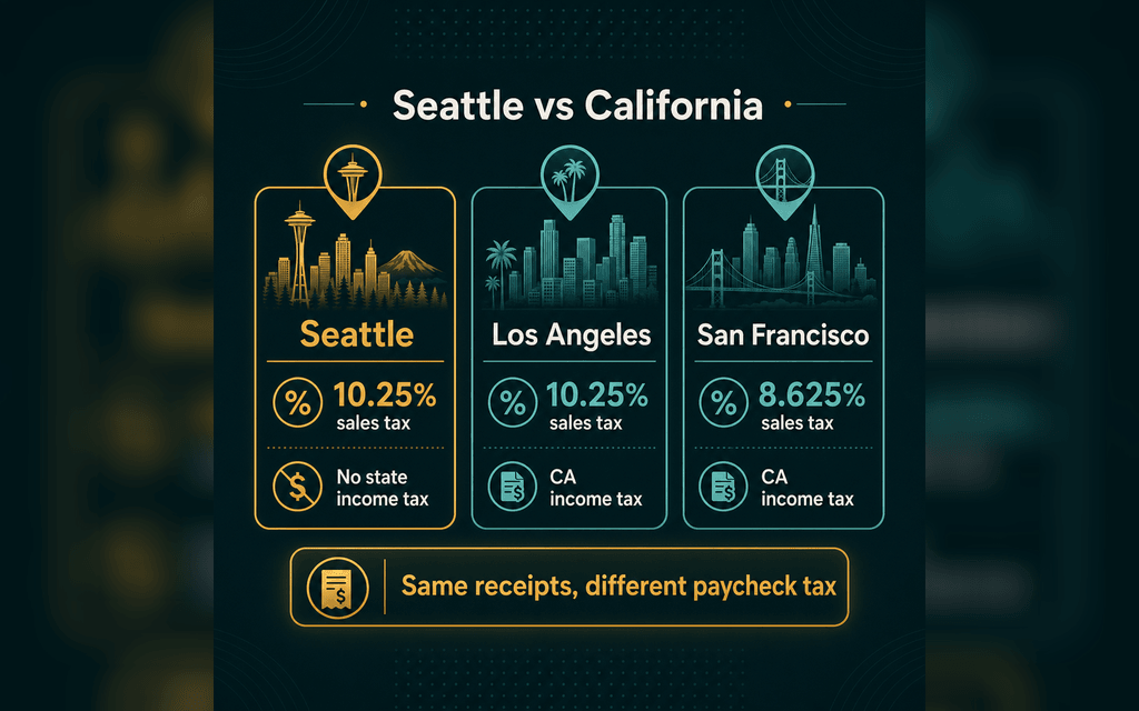 Infographic comparing Seattle, Los Angeles, and San Francisco sales tax rates with the state income tax trade-off between Washington and California.