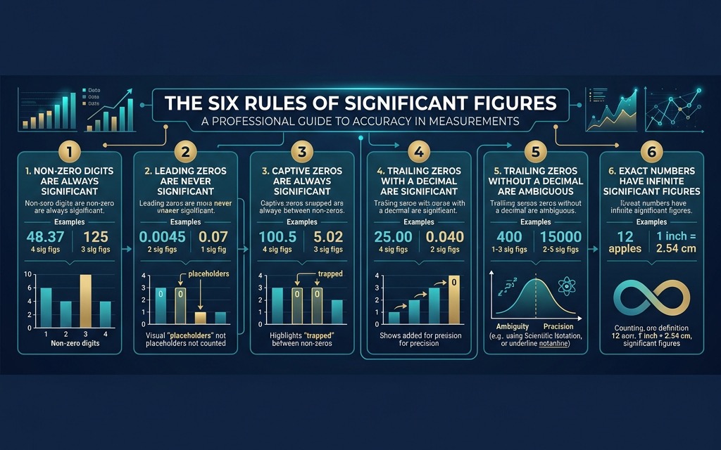 A professional infographic summarizing the six rules for counting significant figures: non-zero digits, captive zeros, leading zeros, trailing zeros with decimal, trailing zeros without decimal, and exact numbers.