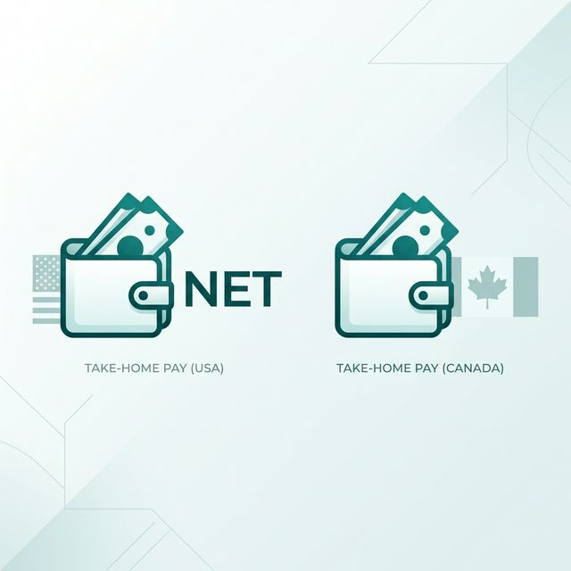 Infographic comparing take-home pay concepts between USA and Canada