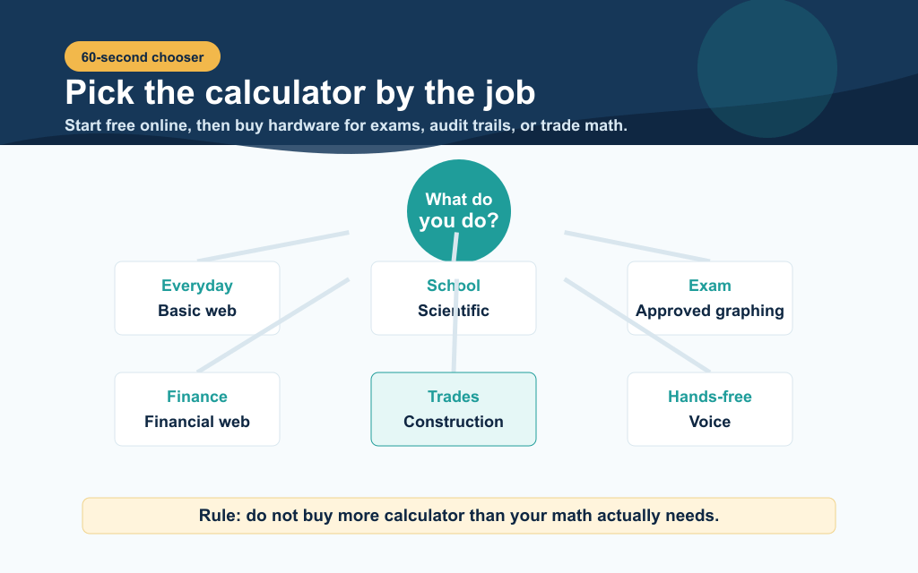A 60-second calculator chooser that maps everyday math, school, exams, finance, trades, and hands-free needs to the best calculator type.