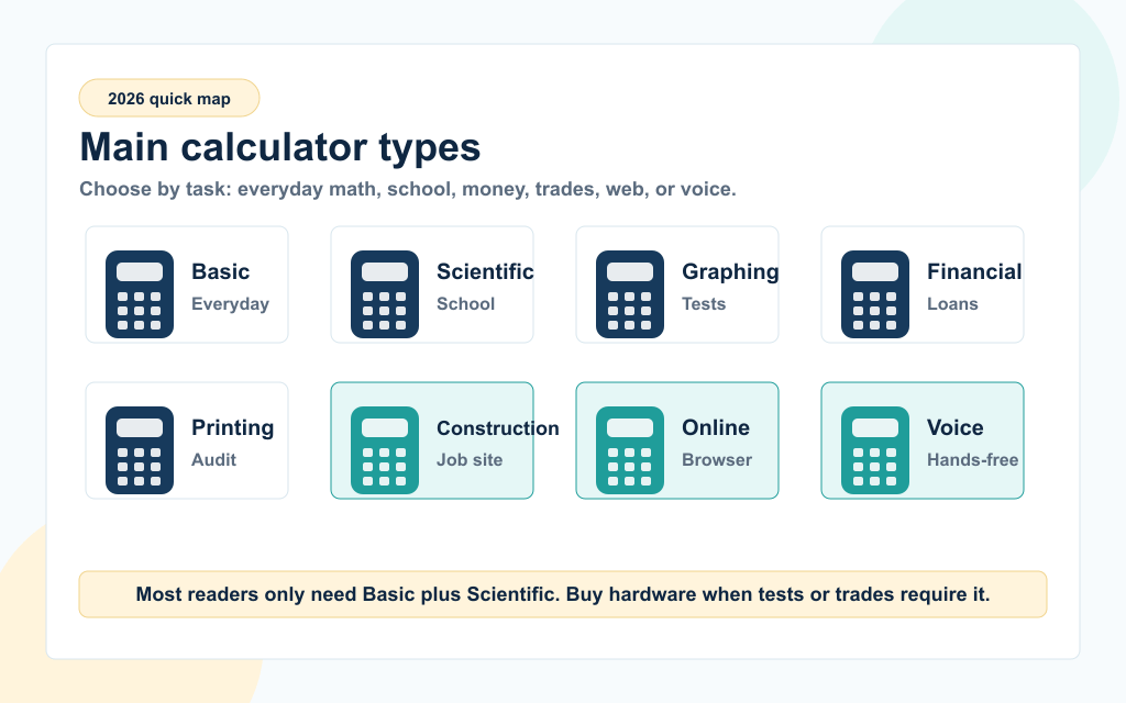 A quick map of the main calculator types in 2026, including basic, scientific, graphing, financial, printing, construction, online, and voice calculators.