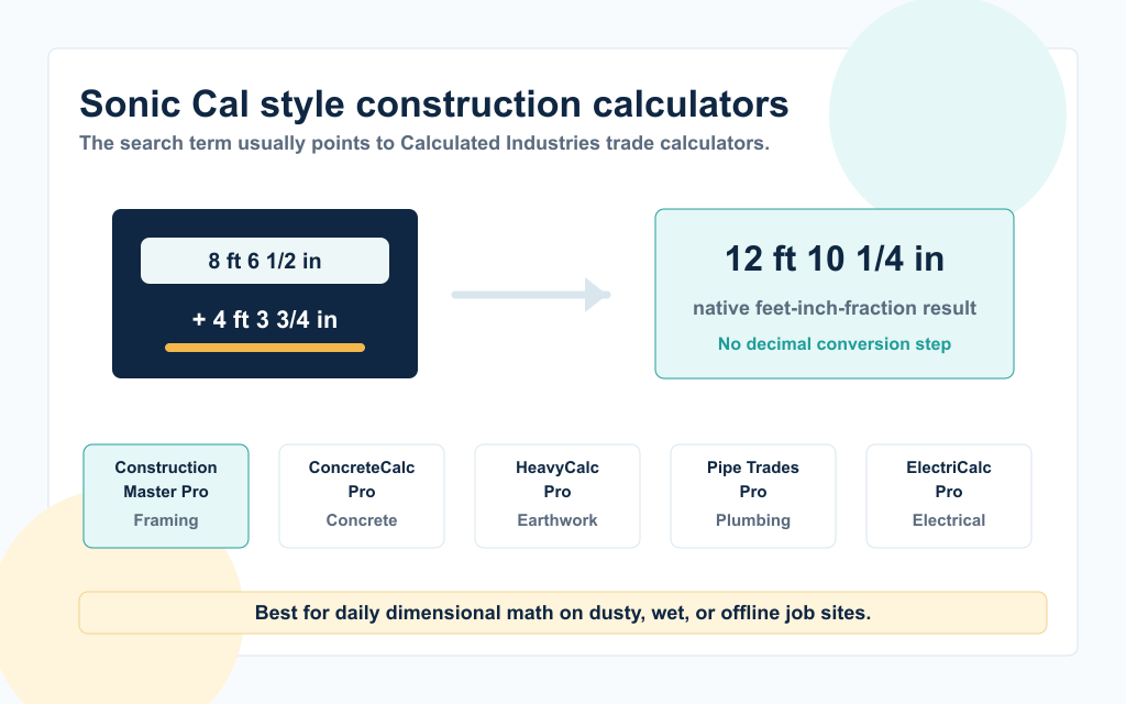 A construction calculator visual showing feet-inch-fraction math returning 12 feet 10 and 1/4 inches, plus the main Calculated Industries trade calculator lineup.