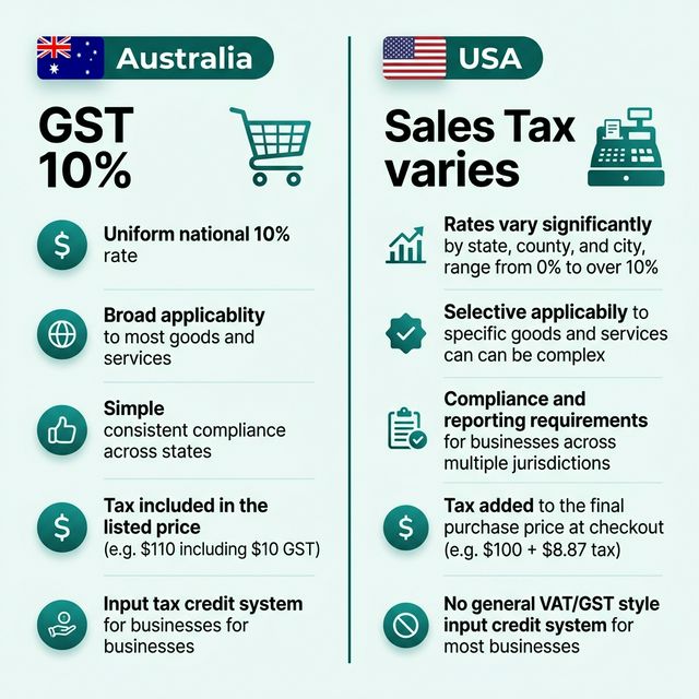 Infographic comparing Australia's 10% GST against the varying US sales tax system