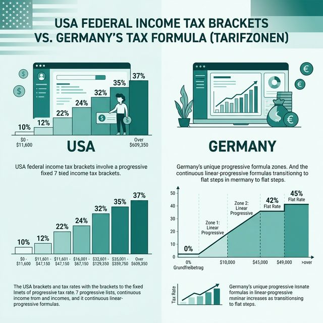 Infographic comparing US fixed tax brackets vs Germany's linear-progressive tax formula