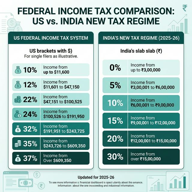 Side-by-side infographic comparing US federal income tax brackets and India's new tax regime slabs for 2025-26