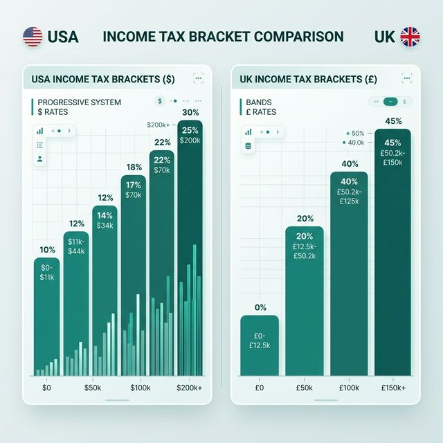 Bar chart comparison of USA and UK income tax brackets for 2025