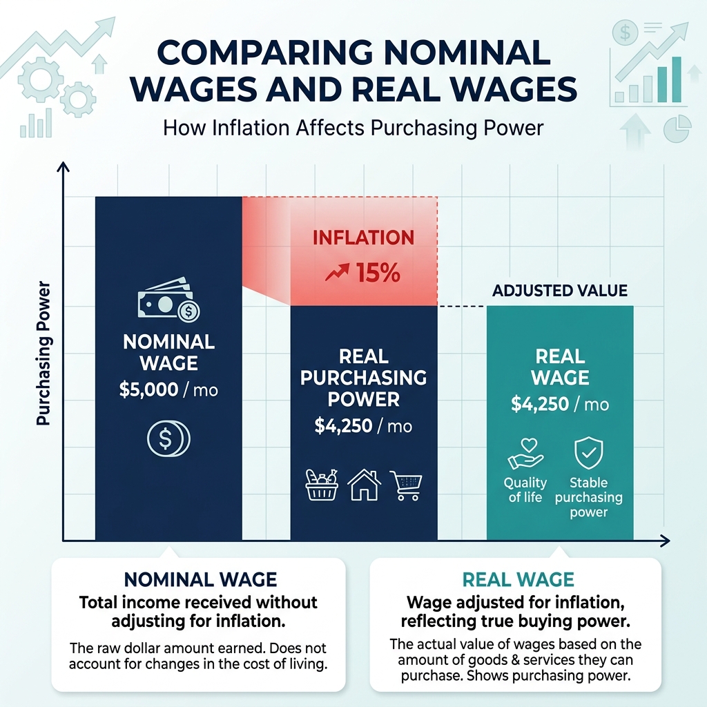 Professional infographic comparing Nominal Wage versus Real Wage, showing how inflation reduces actual purchasing power.
