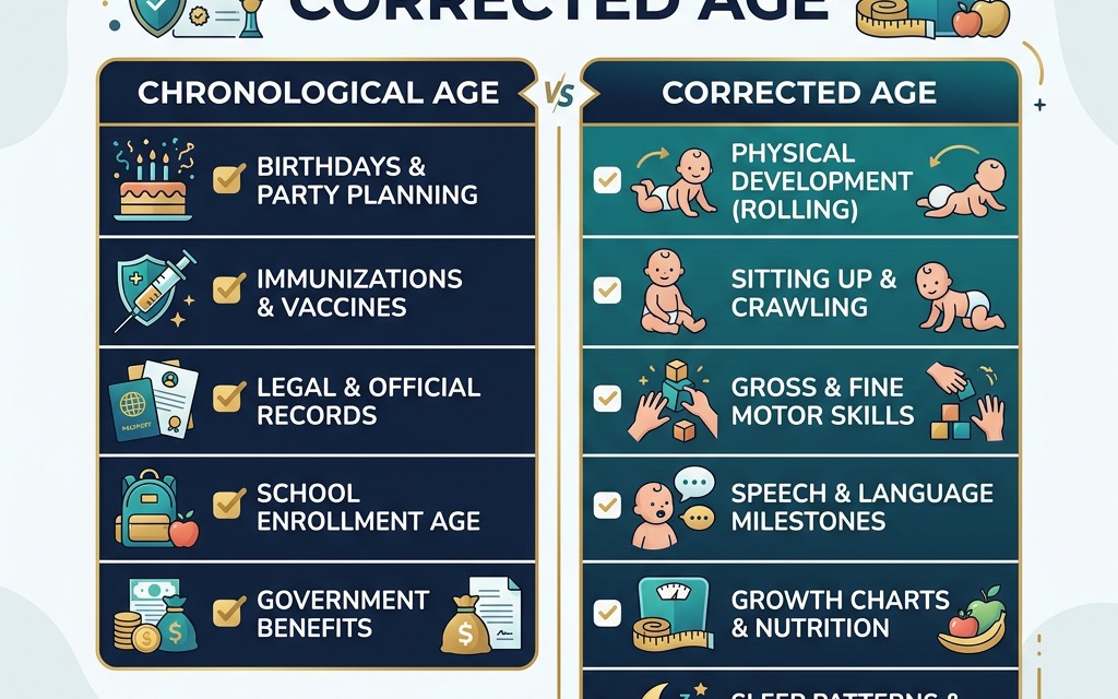 A comparison chart showing when to use Chronological Age (Birthdays, Vaccines, Legal Records) versus Corrected Age (Milestones, Growth, Therapy).